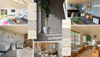 Collage of garden room and summerhouse painted interiors with a swatch of 8 internal colours offered by Crane Garden Buildings